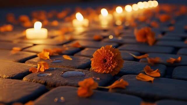 Candles light stone path, scattered orange petals, drops of water, soft focus and warm glow