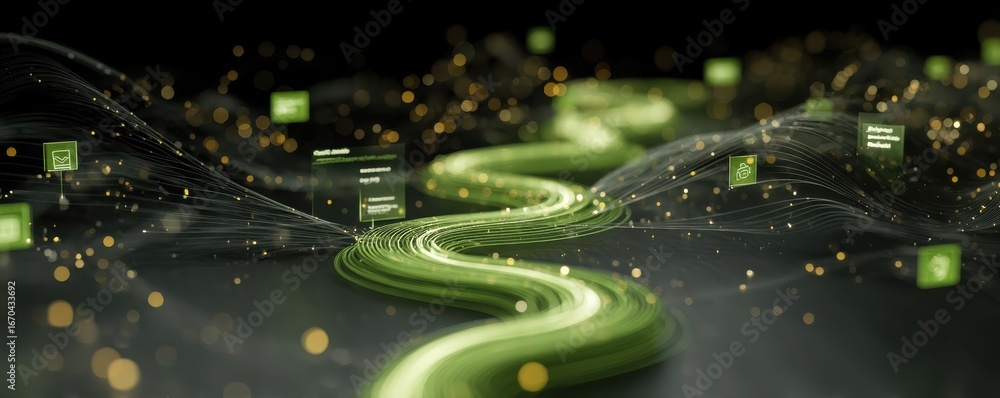 Poster abstract digital stream with data flow and green glowing highlights