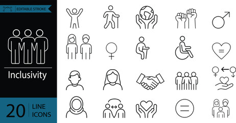 Inclusivity Editable Icons set. Vector illustration in modern thin line style of diversity related icons gender, social, ethnic equality, and more.