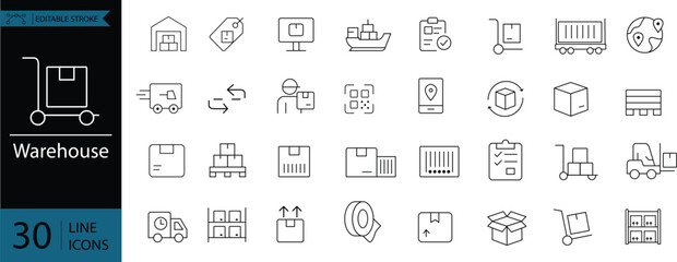 Warehouse Inventory Vector Icon Set  Editable Line Weight  Storage, logistics, delivery, packaging, barcode, forklift, shipping, pallet, stock, tracking, management, cargo, supply chain icon set