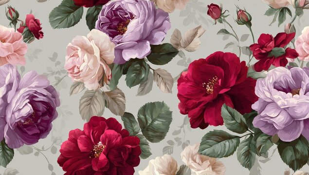 A repeating pattern of large, detailed roses in shades of pink, purple, red, and cream on a light gray background