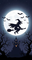 Fototapeta premium Witch Flying Over Haunted Castle Illustration | Halloween Full Moon Silhouette Vector Artwork