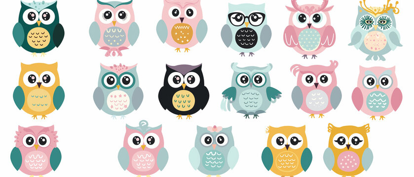 Naklejki Cute Owls Cartoon Illustration with Pastel Colors on White