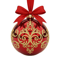 A festive red christmas ornament with intricate gold scrollwork and a red ribbon bow, isolated on transparent background