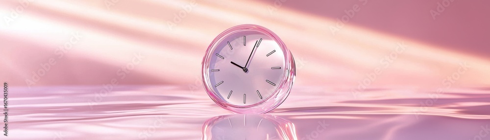 Aufkleber a serene clock resting on a reflective surface with soft pink light enhancing the atmosphere.