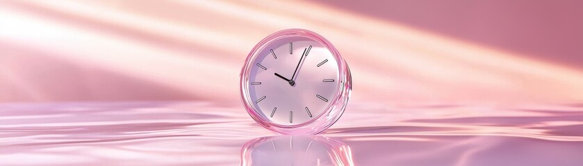 A serene clock resting on a reflective surface with soft pink light enhancing the atmosphere.