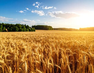 Golden wheat field under a vibrant blue sky at sunset