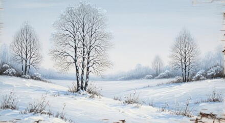 Textured Winter Painting: Snow-Covered Field, Bare Trees, and Hazy Horizon