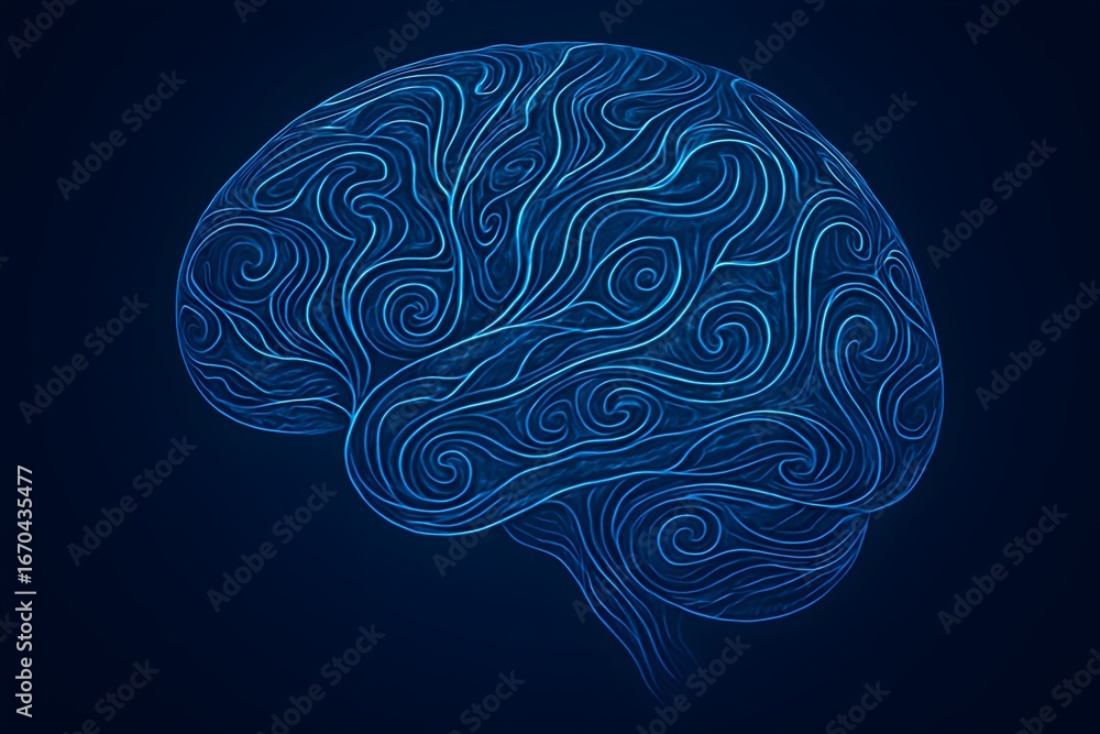 Poster photo of abstract glowing blue digital brain illustration with intricate neural network patterns on 
