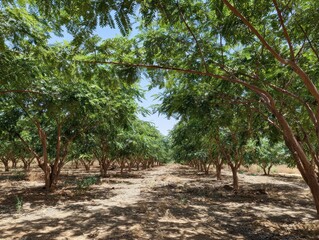 Row of small trees form tunnel of leaves with sky visible through branches