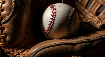 Classic baseball resting in a well-worn leather glove, ready for the big game experience and sporting action