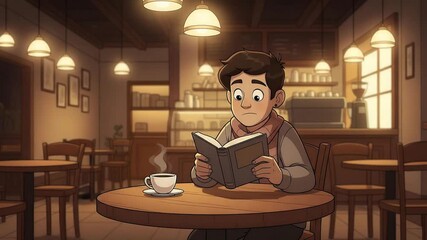 Young man reading book in cozy cafe