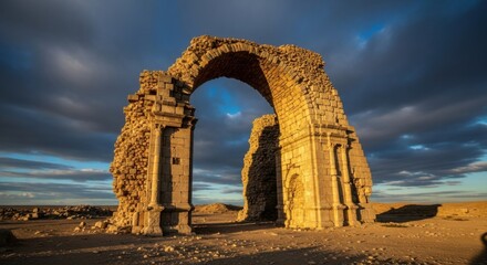 Ancient Ruined Stone Arch in Desert Under Dramatic Sky During Sunset