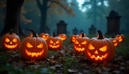 Halloween wallpaper showing a collection of uniquely carved, evil pumpkins scattered across a graveyard, with tombstones and eerie shadows.