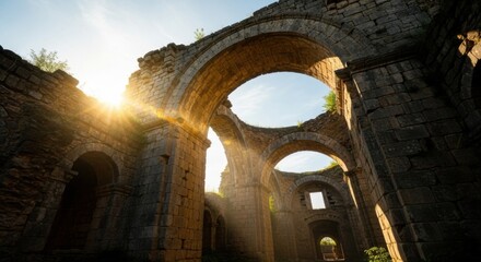 Fototapeta premium Ancient Stone Ruins with Arched Windows and Sunlight Streaming Through in Historic Site