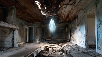 Spooky Ghost Floating Through an Abandoned and Ruined House at halloween
