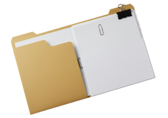 Pristine open white file folder with neatly stacked white bond papers secured by a silver paperclip, flat lay on a light surface with soft studio light, concept of professional organization and