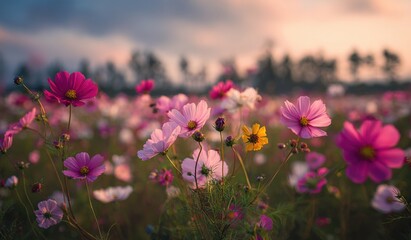 Colorful cosmos flowers at sunset