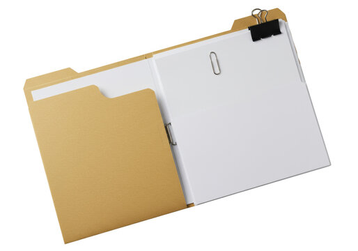 Pristine open white file folder with neatly stacked white bond papers secured by a silver paperclip, flat lay on a light surface with soft studio light, concept of professional organization and