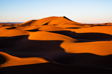 Early morning view of the Sahara Desert with beautiful golden light at Erg Chigaga in Morocco