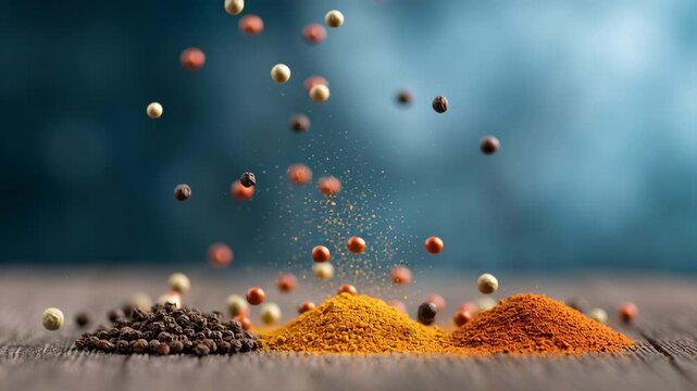 Flying elements product photography showcase colorful spice powder peppercorn turmeric paprika and seasoning for vibrant culinary cooking with