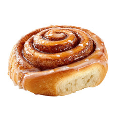 Fototapeta premium Cinnamon Swirl Pastry with White Icing Drizzle on Black Background cinnamon roll sweet, Isolated On White, Png Transparent, Cut Out