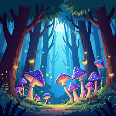 Enchanted forest with glowing purple mushrooms and fireflies at night