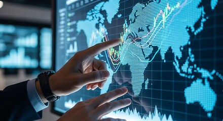 Business professional analyzing global market data with hand gestures on a modern interactive screen