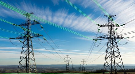 High voltage power lines and pylons against a blue cloudy sky
