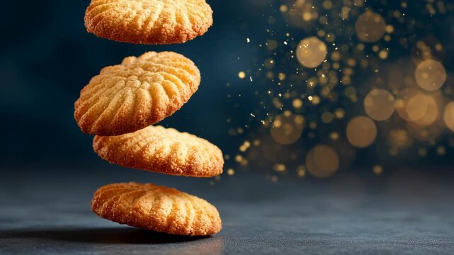 Golden cookie flying elements product photography dramatic motion and sparkling crumbs evoke joyful energy flying cookie biscuit cookie crumb flying