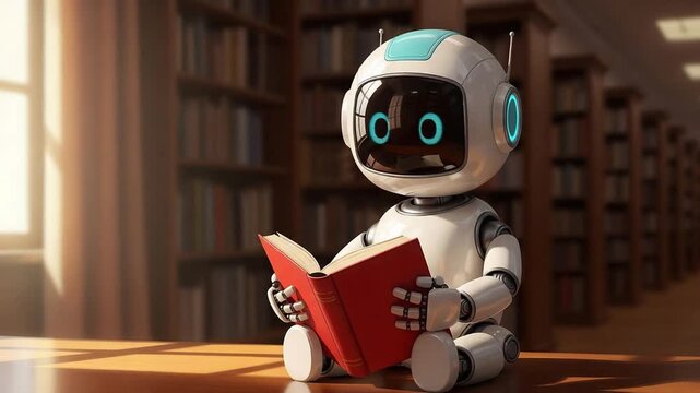 Ai robot reading book in library