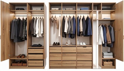A modern wooden wardrobe with hanging clothes, drawers, and shelves white background