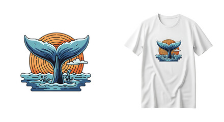 Mystical oceanic tail artwork, marine emblem for fashion product promotions