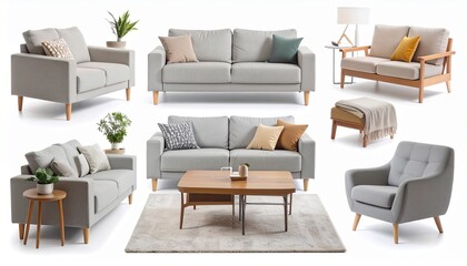 modern living room setups with grey sofas and clean lines white background