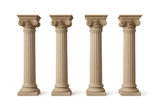 Four identical classical columns stand in a row on a black background architectural design element