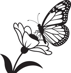 Silhouette Vector of Butterfly on Flower in White Background