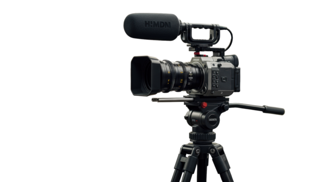Professional digital cinema camera with prime lens, shotgun microphone on carbon tripod in minimalist media studio with soft bokeh background, copy space, concept of media production