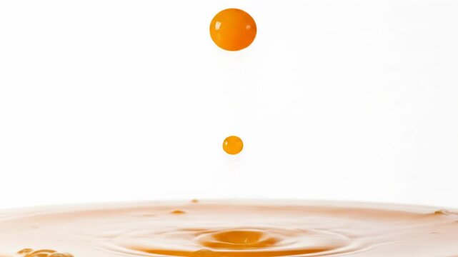 A high-speed capture of orange liquid droplets falling into a surface of the same liquid