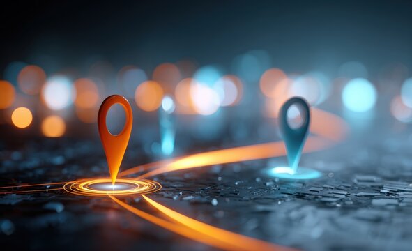 Abstract digital map with glowing location pins and pathways