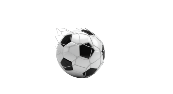 A classic black and white soccer ball deeply embedded in a white rippling goal net, capturing a high-impact strike in a clean studio, concept of triumph and goal achievement