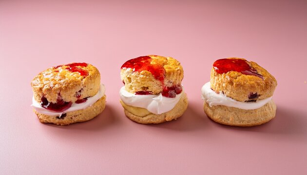 scones with jam and cream in modern cool devonshire tea editorial on plain pink colour background surface
