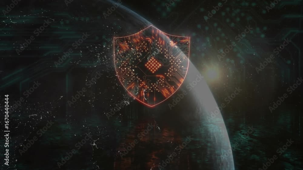 Poster digital shield icon emerging as particles converging over grid, pulsing circuits protecting planet