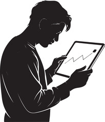 Silhouette Vector of Person Analyzing Data on Tablet on White Background