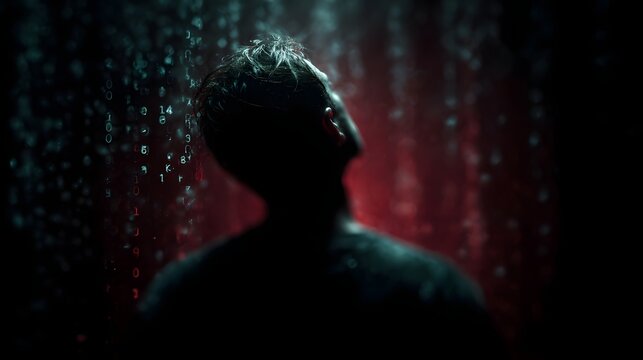 Person surrounded by floating digital code in dark cyberspace