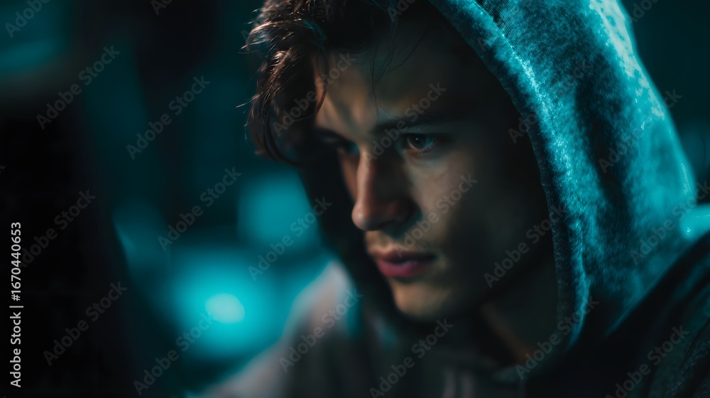 Poster intense young hacker coding in a dark blue lit basement
