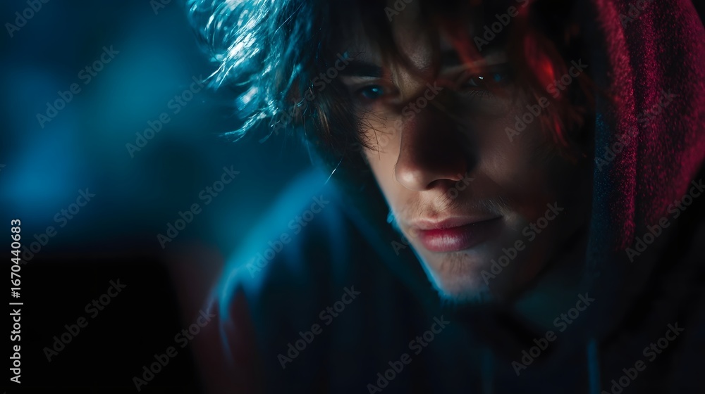 Poster enigmatic teen hacker coding in a dimly lit basement