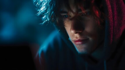 Enigmatic teen hacker coding in a dimly lit basement