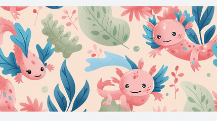 Fototapeta premium Cute Axolotl Cartoon Pattern with Plants and Leaves