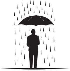 Silhouette Vector of Person with Umbrella in Rain on White Background