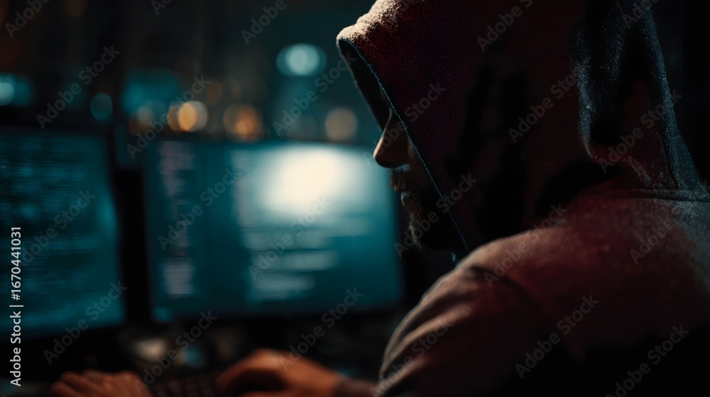 Poster hacker working on a complex system breach with dual screens